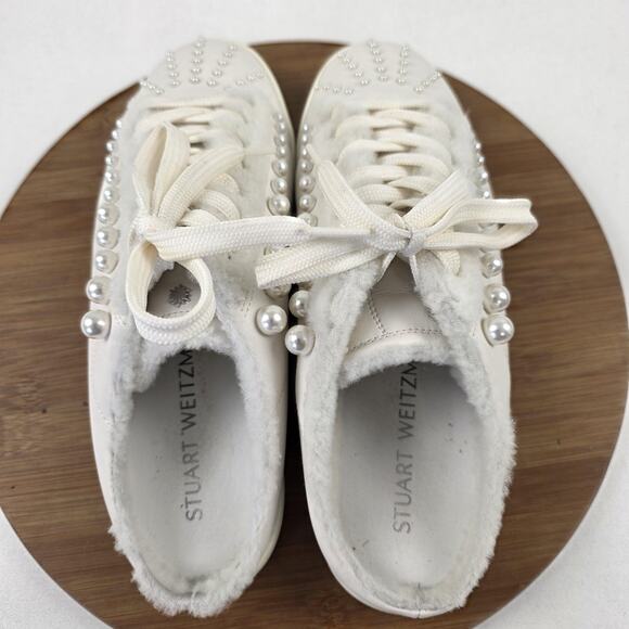 Stuart Weitzman Shoes‎ Womens Size 9 White Pearl Studded Faux Fur Mule Sneakers - Picture 9 of 16